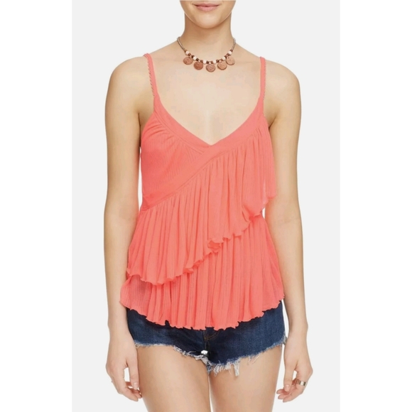 Free People Tops - FREE PEOPLE Pink Tiered V-Neck Ruffle Tnak Top | M
